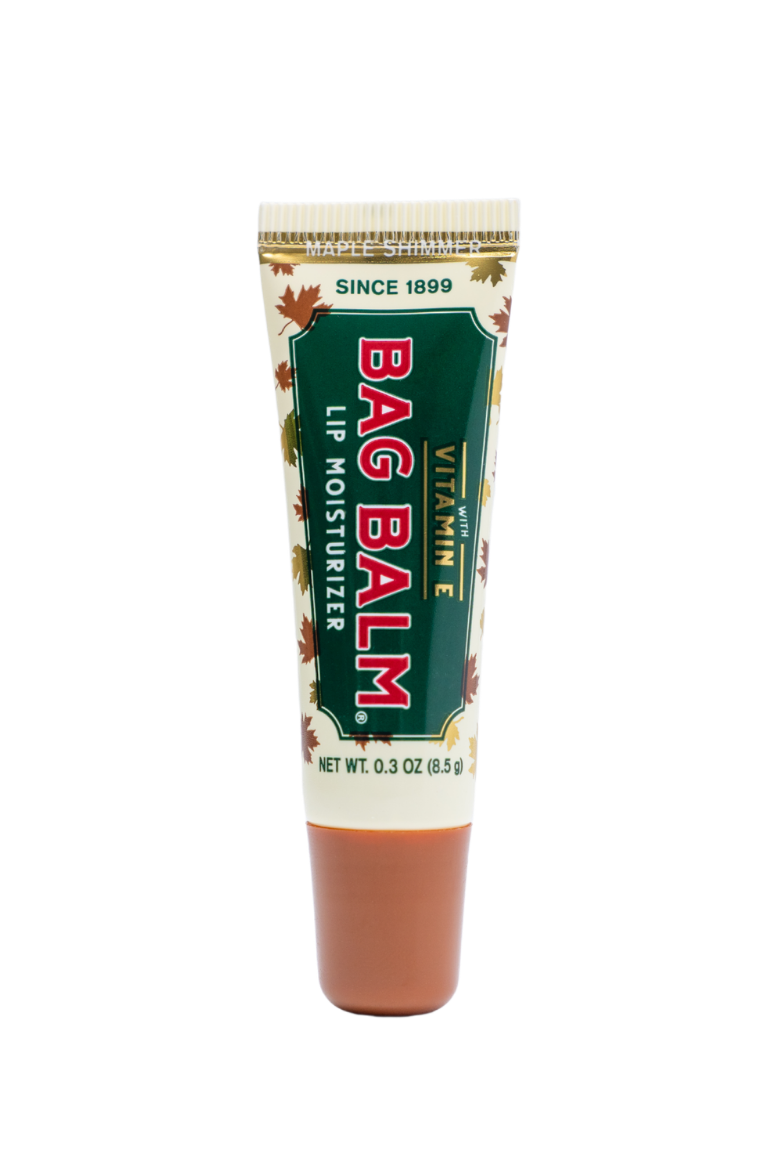 Bag Balm Maple Shimmer lip balm in a squeeze tube, a maple lip balm made with real Vermont maple syrup