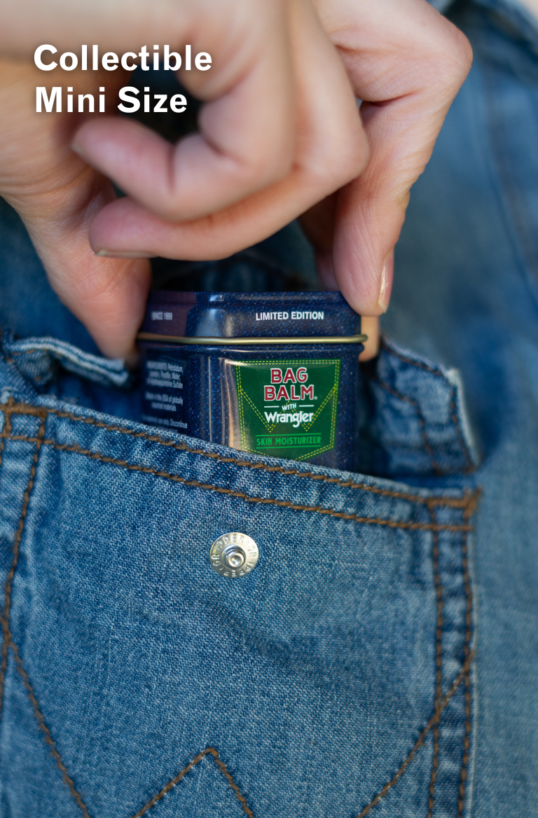 Limited Edition Denim Design Bag Balm 1oz tin in collaboration with Wrangler in denim shirt pocket