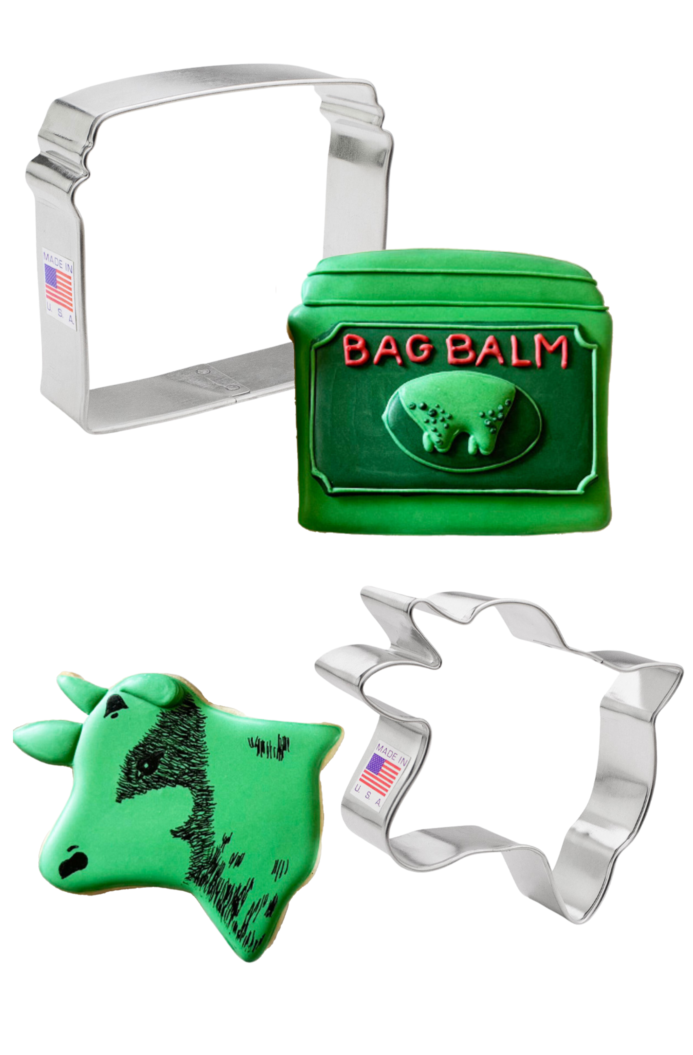 Cookie cutters shaped like Bag Balm tins and cow from bag balm logo, a fun addition to any kitchen.