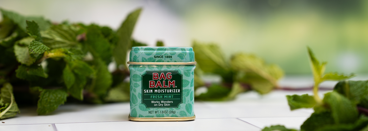 A tin of Bag Balm Skin Moisturizer in Fresh Mint scent, styled on a white tiled surface with fresh mint leaves in the foreground and a soft-focus green background.